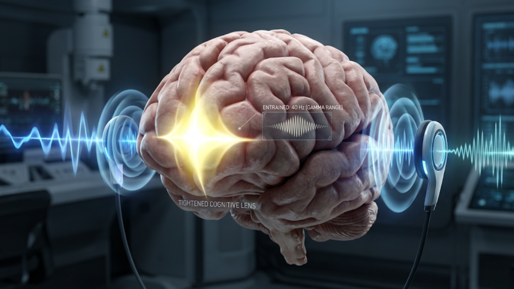 Sound therapy focuses technique entraining the brain at 40Hz gamma range for enhanced cognition.