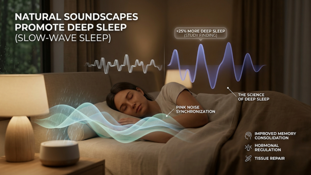 A graphic visualization of natural soundscapes technology enhancing deep sleep for a woman.