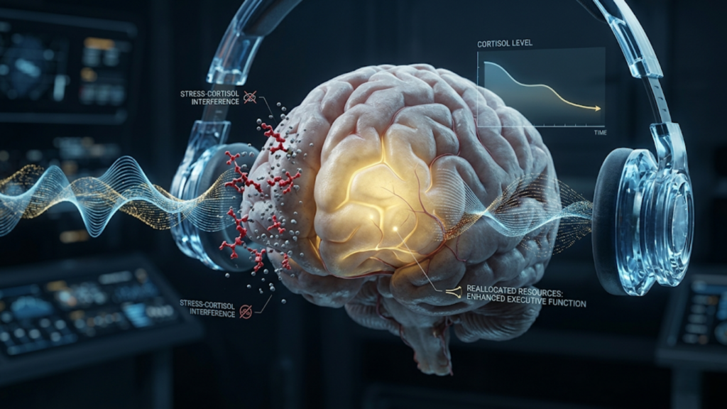 Sound therapy focuses on reducing cortisol levels and enhancing executive brain function through headphone audio waves.