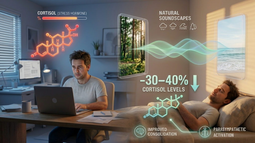 An infographic visualization of natural soundscapes technology reducing stress cortisol to promote restful sleep.