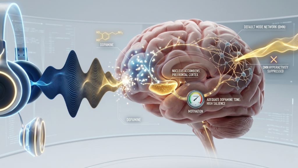 Sound therapy focuses on boosting dopamine in the prefrontal cortex to enhance motivation and suppress distraction.