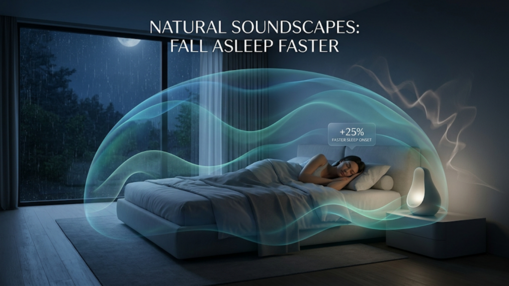 Graphic shows natural soundscapes sleep device increasing sleep onset speed by twenty-five percent.
