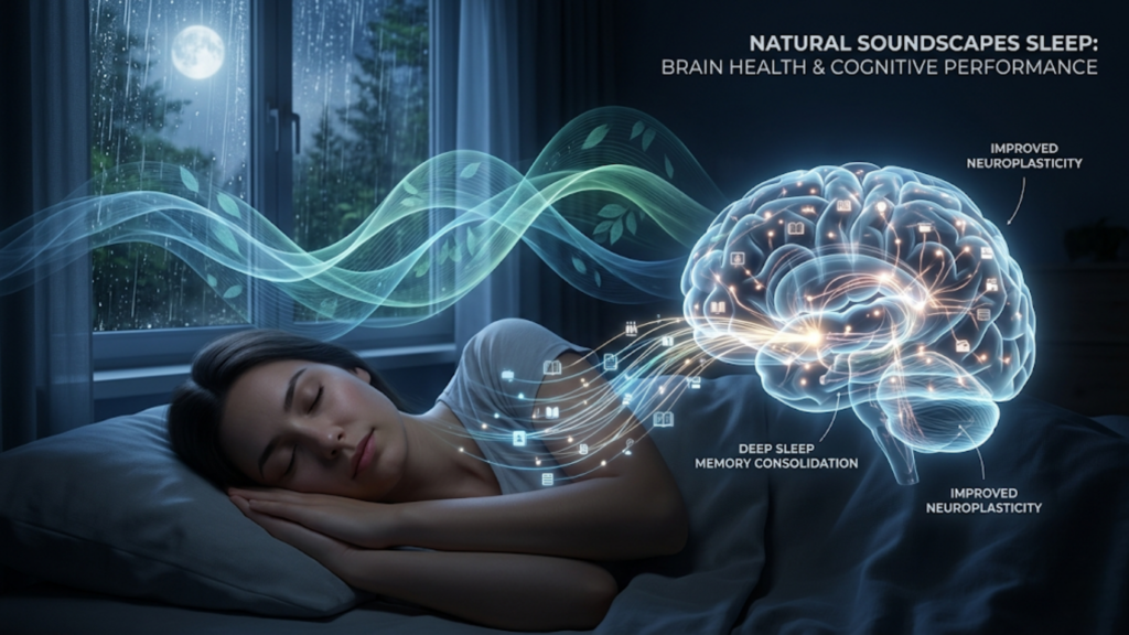 Graphic demonstrating how natural soundscapes sleep improves memory consolidation and brain neuroplasticity for cognitive health.