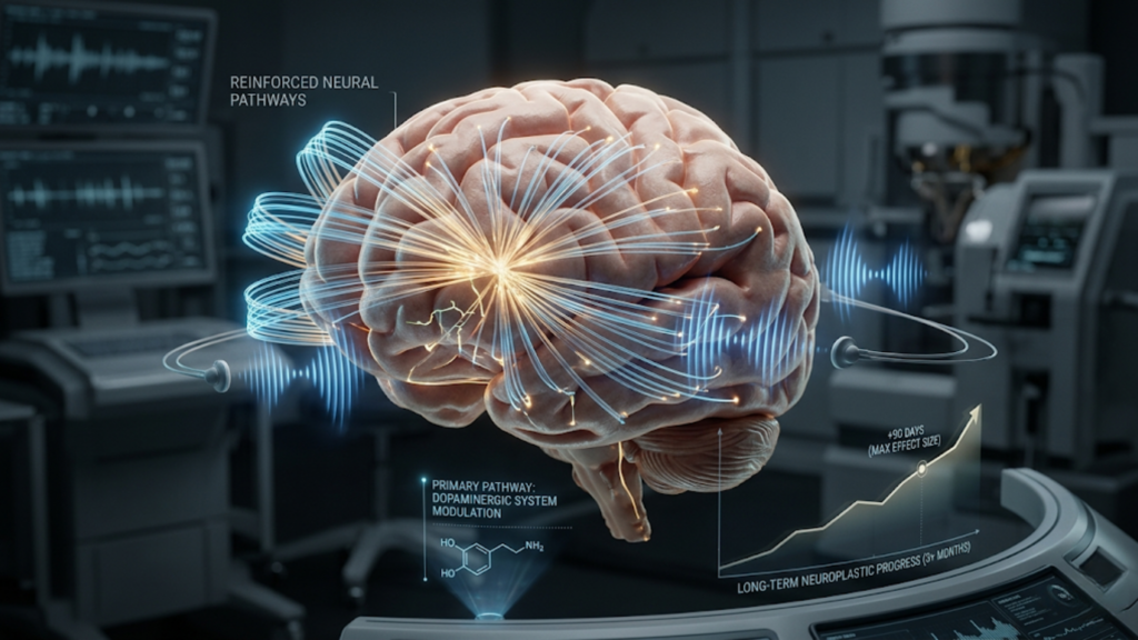 Sound therapy focuses on reinforcing neural pathways through dopaminergic modulation for long-term neuroplastic brain improvement.