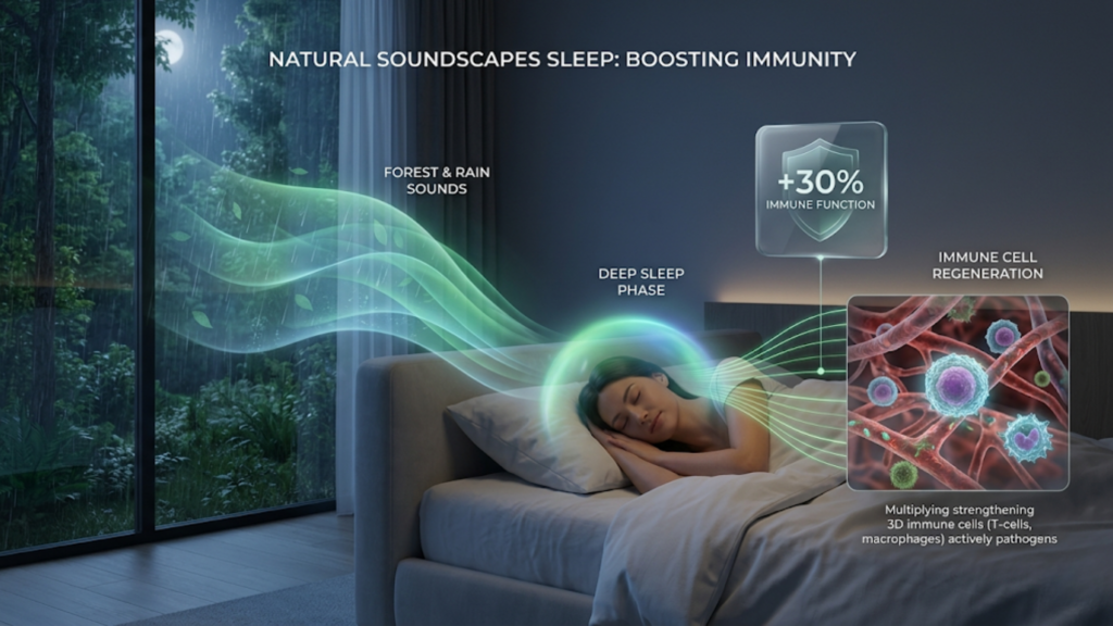 A graphic showing natural soundscapes sleep boosting immune function by thirty percent through regeneration.