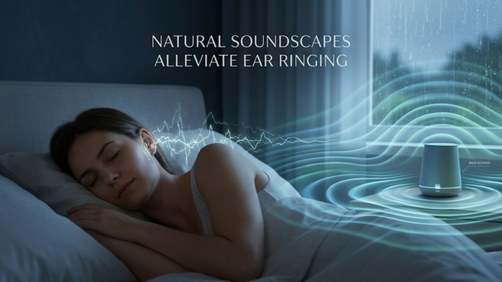 A nightstand device provides natural soundscape sleep, alleviating ear ringing for a sleeping woman.