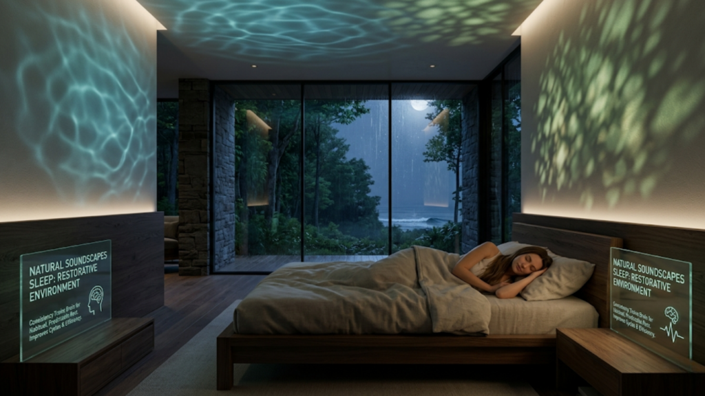 A bedroom using nature-inspired projections to create a restorative natural soundscapes sleep environment.