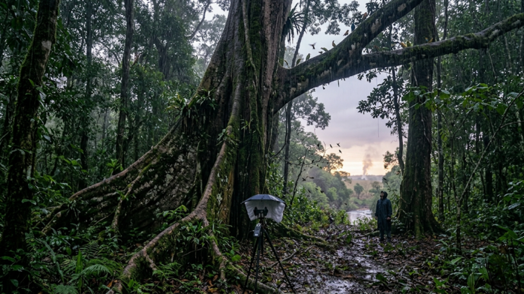 Field recording binaural audio at dawn in the ancient Bahia Cerrado rainforest
