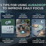 AuraDrop focus tips infographic showing five techniques to improve your daily concentration and productivity