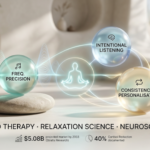 Sound therapy elements showing frequency precision, intentional listening, and consistency for relaxation
