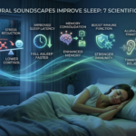 Infographic of a sleeping woman showing 7 scientific benefits of natural soundscapes sleep.