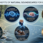 Infographic showing 7 proven benefits of natural soundscapes for better sleep, from onset to circadian alignment
