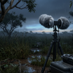 Field recording microphone capturing authentic soundscapes in Brazil's Cerrado during rainfall