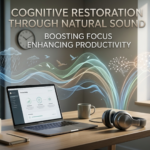 Nature soundtrack sound waves flowing from a forest and rain scene to a glowing brain above a focus desk with headphones and laptop