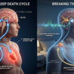 Cortisol-sleep death cycle diagram showing how sleep issues disrupt the body's natural sleep-wake rhythm and hormonal balance.