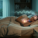 Woman sleeping peacefully while nature sounds flow from a smart speaker beside her bed