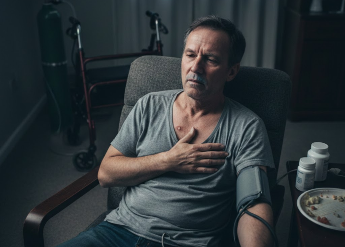 A man clutches his chest, surrounded by medical supplies and medication.