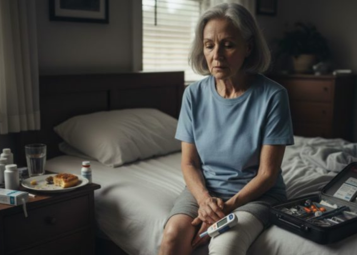 A woman with bandages holds a glucometer beside medical supplies.