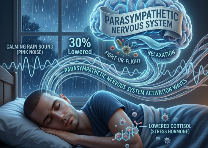 Scientific visualization of rain sounds for sleeping reducing body stress.