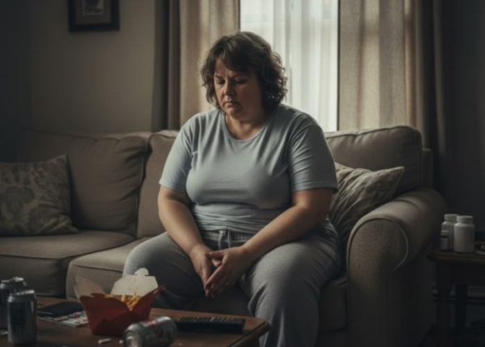 A woman sits alone, surrounded by takeout containers and soda