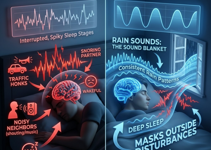 Infographic showing rain sounds for sleeping masking loud environmental noise.