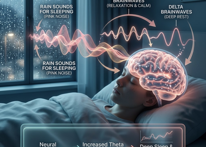 Scientific 3D visualization of rain sounds for sleeping synchronizing brainwaves.