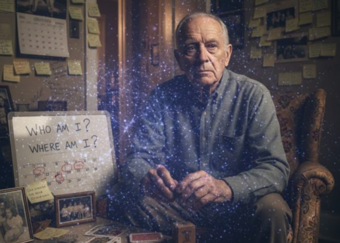 An elderly man faces memory loss, symbolized by fading neural connections.