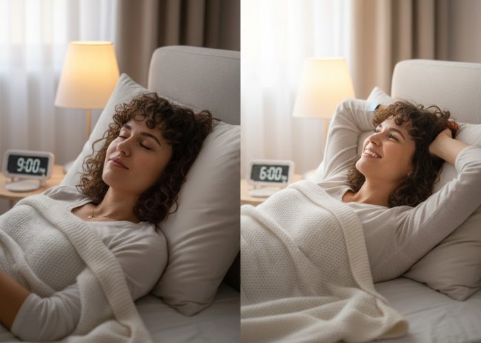 A woman falls into a deep, peaceful sleep at 9 PM, listening to rain sounds for sleeping, and wakes up feeling completely refreshed and rejuvenated.