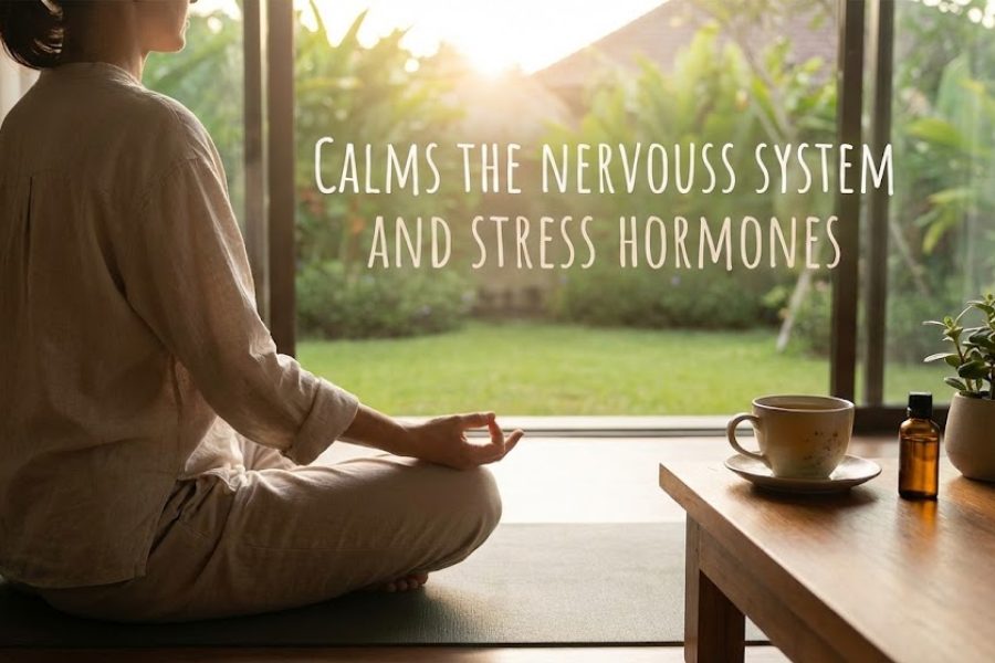 A person meditates, promoting relaxation, with a calming view outside.