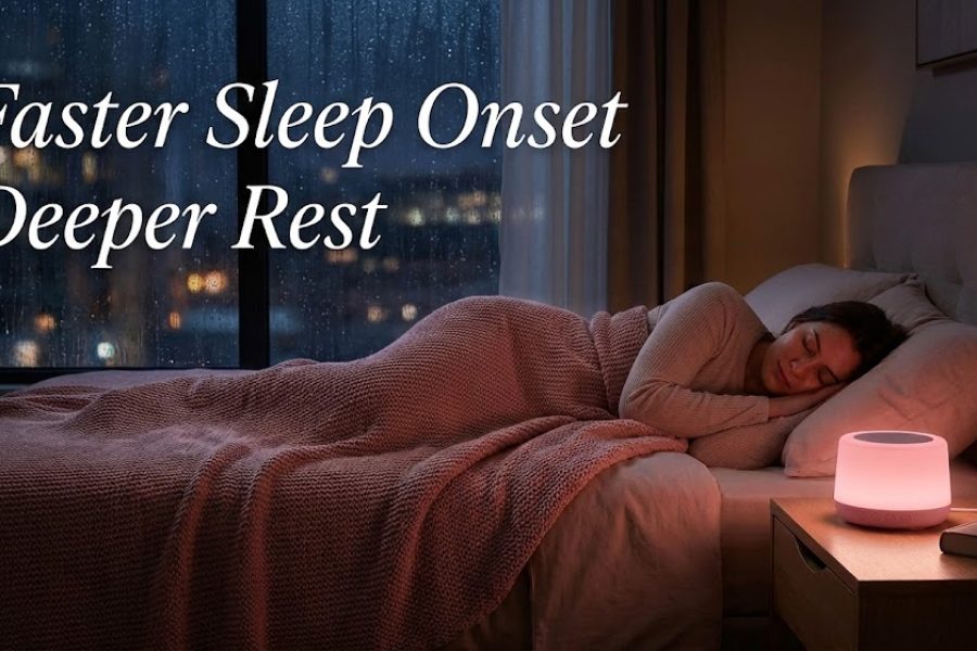 A person sleeps peacefully, with a pink light and rain outside.