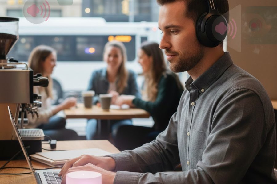 A person works in a coffee shop with headphones, using a pink light to block disruptive noises.