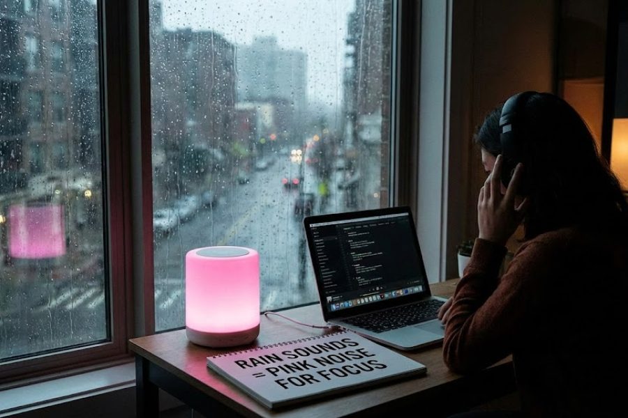 A person works at a desk, surrounded by rain, focused with headphones, and a calming pink light.
