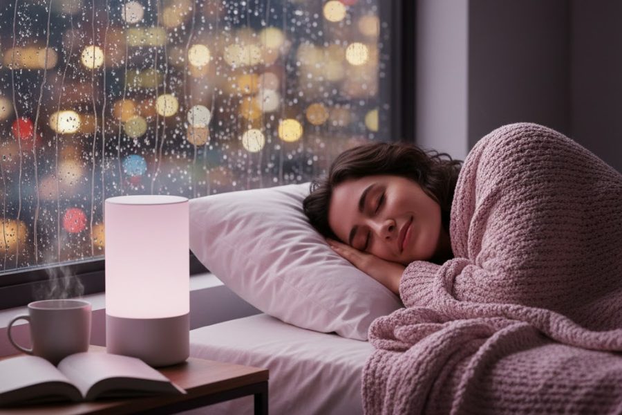 A peaceful scene of a person sleeping soundly with a pink light lamp beside them, cozy under a blanket, while rain falls gently outside, with a cup and book resting on the nightstand.