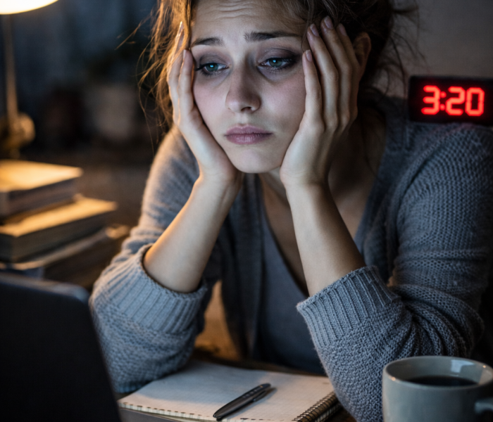 Sleep deprivation affecting woman working late at night.