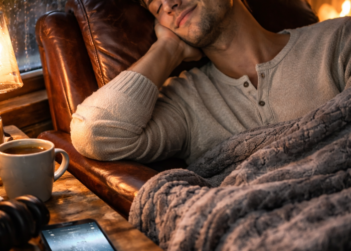 Rain sounds for sleeping helping sleep-deprived man rest.