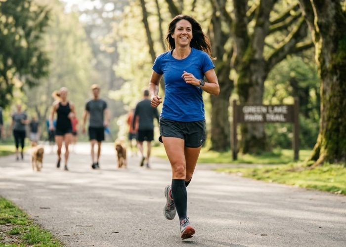Woman running happily on trail, curing sleep deprivation.